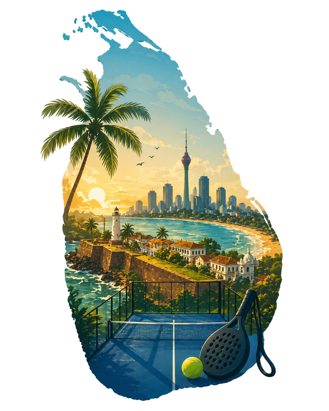 Illustrated map of Sri Lanka with a padel court, lighthouse and Colombo skyline